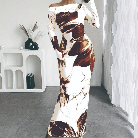 Harmony In Nature One-Shoulder White and Brown Marble Maxi Dress - Picture 4 of 5